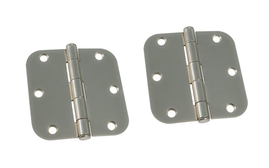 A pair of 3-1/2" Satin Nickel Door Hinges with 5/8" radius corners & a removable pin. Satin Nickel finish on steel material. Countersunk holes. Includes flat head screws. 3-1/2" x 3-1/2" door hinge size. Five knuckle, full mortise design. Ultra Hardware No. 35042.