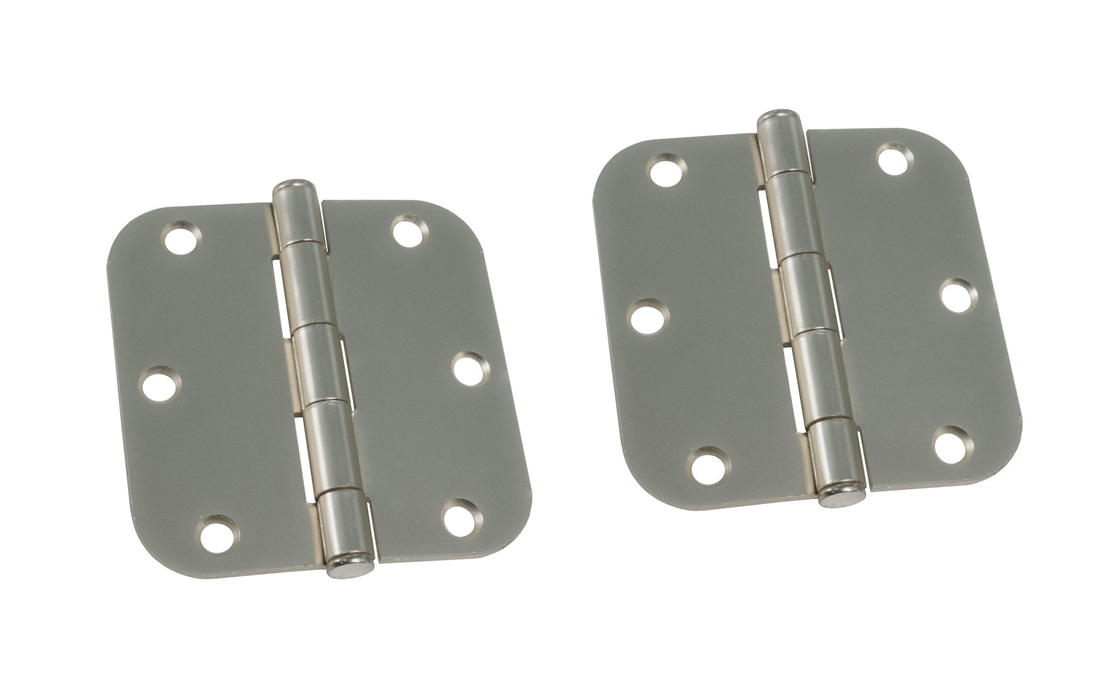 A pair of 3-1/2" Satin Nickel Door Hinges with 5/8" radius corners & a removable pin. Satin Nickel finish on steel material. Countersunk holes. Includes flat head screws. 3-1/2" x 3-1/2" door hinge size. Five knuckle, full mortise design. Ultra Hardware No. 35042.