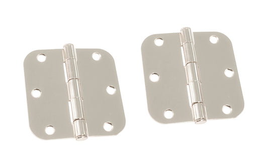 A pair of 3-1/2" Bright Nickel Door Hinges with 5/8" radius corners & a removable pin. Bright Nickel finish on steel material. Countersunk holes. Includes flat head screws. 3-1/2" x 3-1/2" door hinge size. Five knuckle, full mortise design. Ultra Hardware No. 35054.