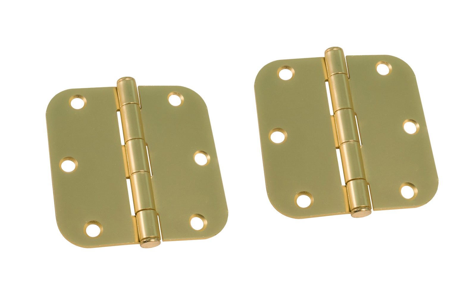 A pair of 3-1/2" Satin Brass Door Hinges with 5/8" radius corners & a removable pin. Satin Brass finish on steel material. Countersunk holes. Includes flat head screws. 3-1/2" x 3-1/2" door hinge size. Five knuckle, full mortise design. Ultra Hardware No. 35220.