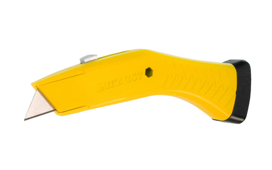 Lutz #357 Quick Change Utility Knife. Metal body with a yellow color. Includes hard plastic holster. Takes heavy duty utility knife blades. Includes hard plastic holster. Metal body - Quick change style utility knife. 052427357014. Body is die cast from zinc for optimum strength & durability. Lutz Model 357