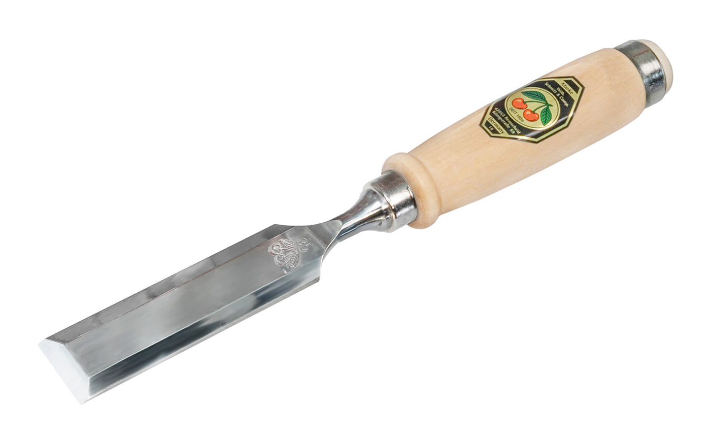 Made in Germany ~ Two Cherries · 1001 series ~ high carbon steel ~ Tempered to Rc61 Rockwell ~ Varnished flat Hornbeam handle - Stechbeitel - Firmer Chisel - short length, light pattern, bevelled edges, Flat hornbeam handle - bevel edge - steel ferrule ~ Use with mallets - 35 mm - 35MM Wide - 4016649101806 - 1001/035