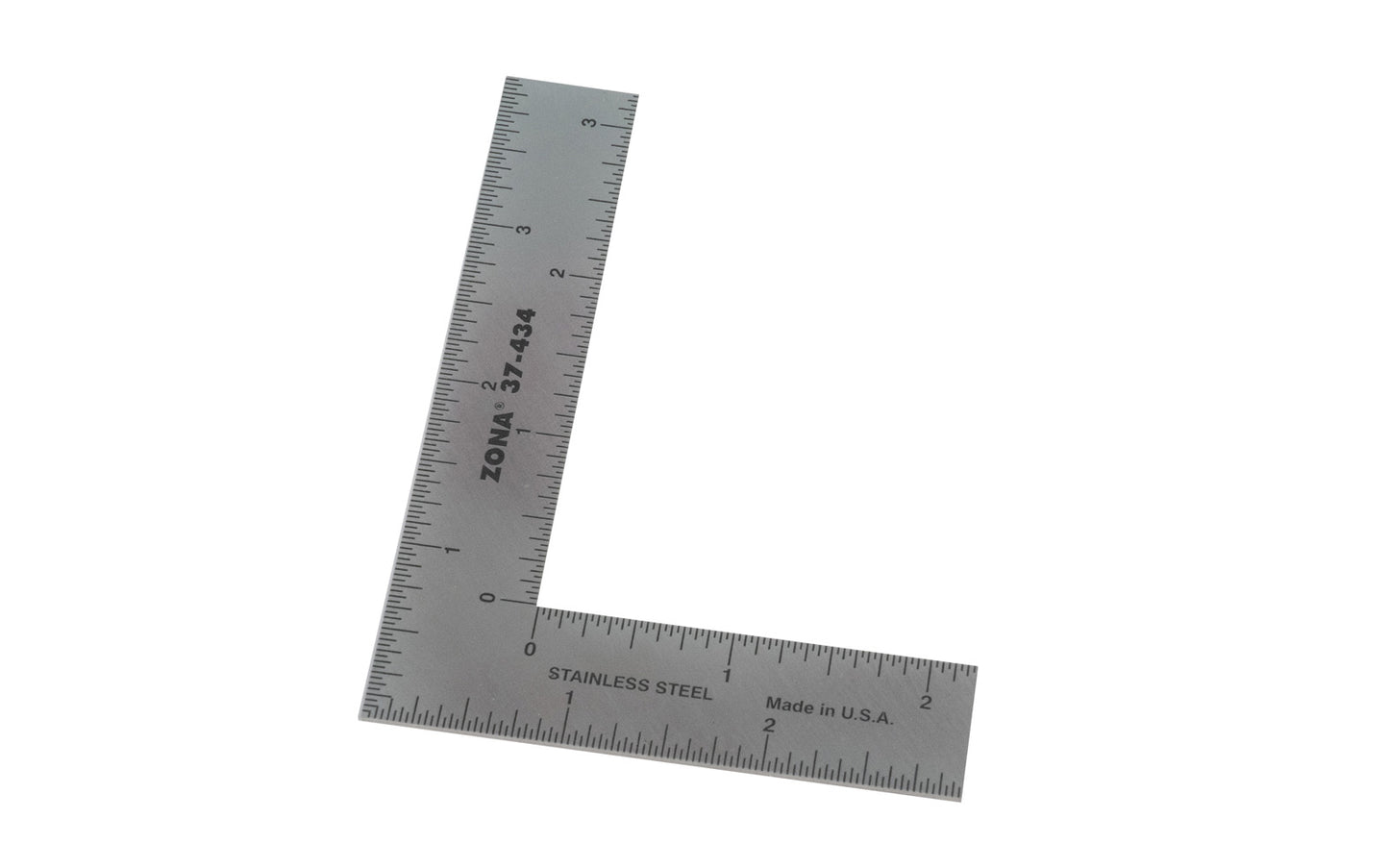 This Zona L-Square ruler is made from .022" thick stainless steel with 1/32″ measuring intervals & metric equivalents on back. Model 37-434. 792024374341. Made in USA.