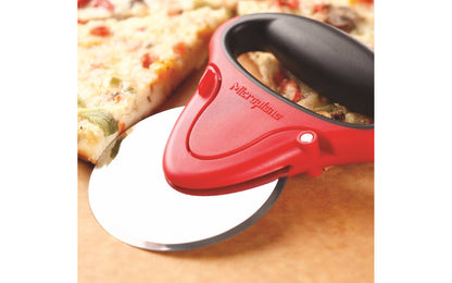 Model 37105 - Pizza wheel easily slices through thick crust pizzas - Microplane Pizza Wheel - Micoplane Pizza Cutter - Pizza Slicer - Microplane Pizza Blade - 4" Diameter Blade - Razor-sharp blade made from hardened stainless steel - Durable removable easy clean blade - Non-slip rubber grip - Protective cover included - 098399371054