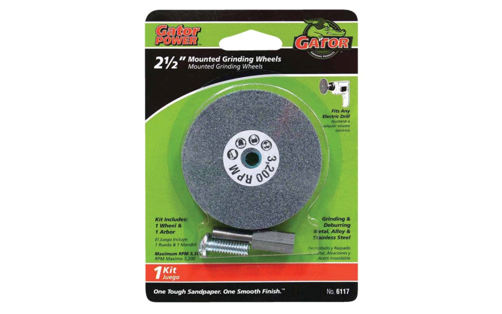 2-1/2" Mounted Grinding Wheel Kit. Aluminum oxide mounted grinding wheel with 1/4" arbor. Can be used on electric drills & die grinders with 1/4" chuck. Simply attach to your drill or die grinder & you can quickly & easily grind, shape or deburr various metal surfaces.  Made by Gator Finishing Products.