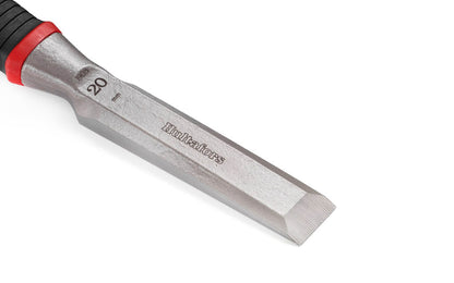 Hultafors Chisels are sharp & heavy duty. For construction tasks requiring extreme strength & precision. Bevelled 25° ground blade. One solid forged I-Beam piece. 3/4" wide chisel blade (20 mm). Flat contact surface. Santoprene rubberized handle. HDC 20 Model 390263U. With replaceable striker cap. 7315293902614.