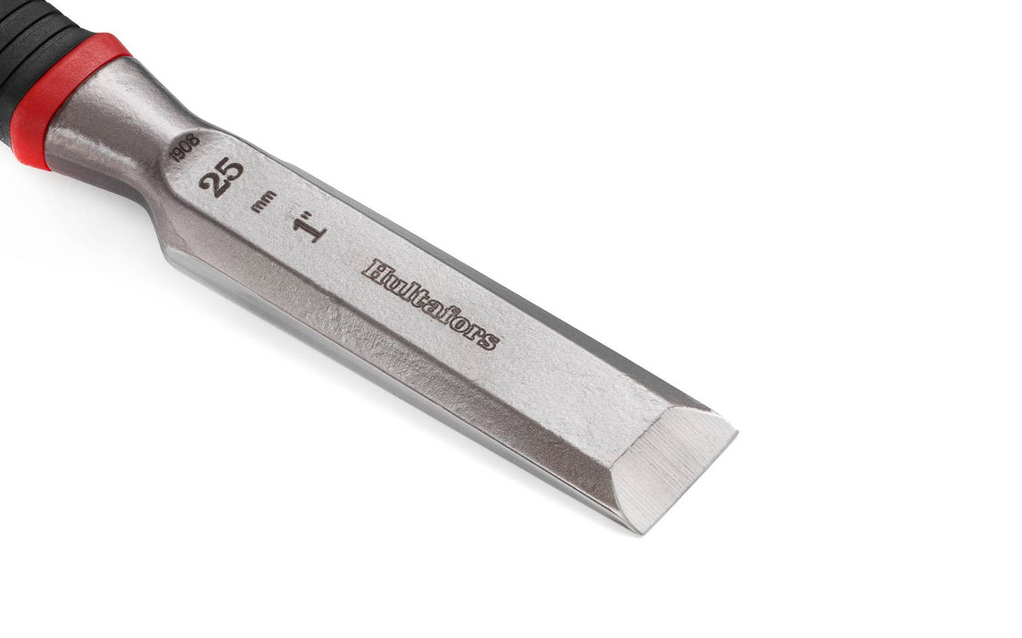 Hultafors Chisels are sharp & heavy duty. For construction tasks requiring extreme strength & precision. Bevelled 25° ground blade. One solid forged I-Beam piece. 1" wide chisel blade (25 mm). Flat contact surface. Santoprene rubberized handle. HDC 25 Model 390273U. With replaceable striker cap. 7315293902713. 