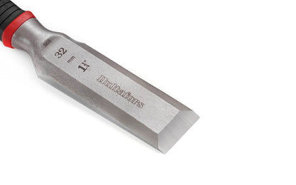Hultafors Chisels are sharp & heavy duty. For construction tasks requiring extreme strength & precision. Bevelled 25° ground blade. One solid forged I-Beam piece. 1-1/4" wide chisel blade (32 mm). Flat contact surface. Santoprene rubberized handle. HDC 32 Model 390283U. With replaceable striker cap. 7315293902812. 