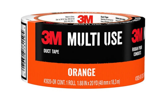 3M Multi-Use Orange Duct Tape - 20 YD. Orange color duct tape. 20 yards x 1.88 inches. 20 yards. Multi-purpose tape with strong adhesive to create a secure bond. Great for bundling, taping cords, patching, reinforcing & more. Water-resistant backing. Tears vertically & horizontally. Model 3920-OR. 076308731595