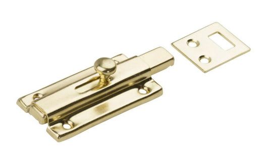 3" Brass Finish Slide Bolt. A lightweight 3" slide bolt designed for cabinets, doors, casement windows, awnings, etc. in homes, workshops, campers, & garages. Concealed plastic spring holds the bolt in any position. Can be installed on either wood or metal doors for installation flexibility. N152-850. 038613152854