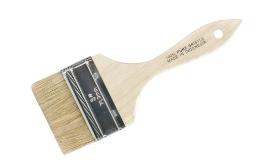 This 3" Bristle Chip Brush is made with white natural bristles for use with oil-based paints, stains, & finishes. Also excellent for use as parts cleaning brushes or to apply adhesives. Sanded wood handle & tin-plated ferrule. 3" wide chip brush. 100% pure bristle. 009326786025