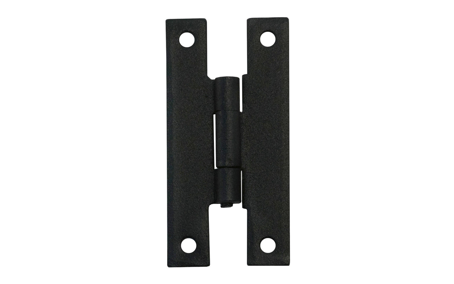 3" Forged Steel H Hinges with a vintage-style looking black powder coated finish. Made of sturdy forged steel material. The H hinge can be used on cabinets & doors, etc. Sold in as a pair - Two total hinges. Includes eight Phillips flat head screws. Model 88585.
