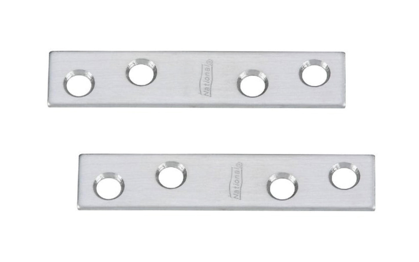 These stainless mending braces are designed for furniture, countertops, shelving support, chests, cabinets, etc. Allows for quick & easy repair of items & other home, workshop, & industrial applications. Made of stainless steel material for maximum protection from corrosion. Sold as a pair of mending plates. Includes fasteners. 2 Pack. National Hardware Model No. N348-367.