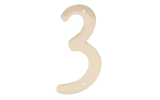 Number Three Solid Brass House Number in a 4" size. Made of solid brass material - 1/16" thickness. Lacquered brass finish. Mounting nails included. #3 House Number. Hy-Ko Model No. BR-40/3. 029069200930