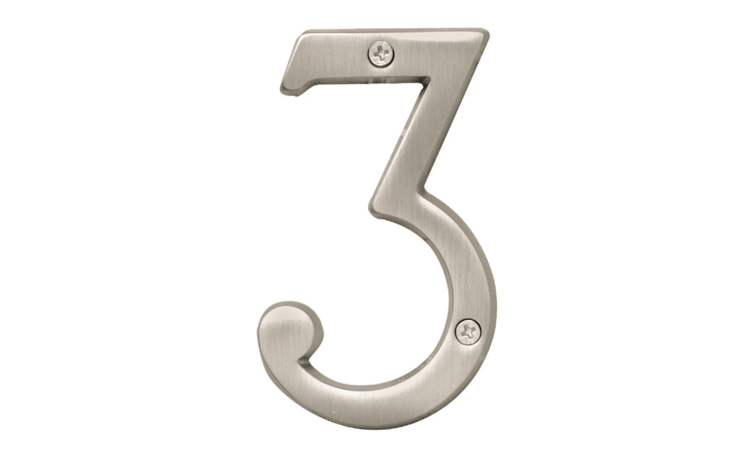 Number Three House Number in a 4" size. Satin nickel finish. Includes two phillips flat head screws. #3 house number. Hy-Ko Model BR-43SN/3.  Hardware house numbers for outdoors. Includes screws. 029069309336. #3 Satin Nickel House Number - 4" Size