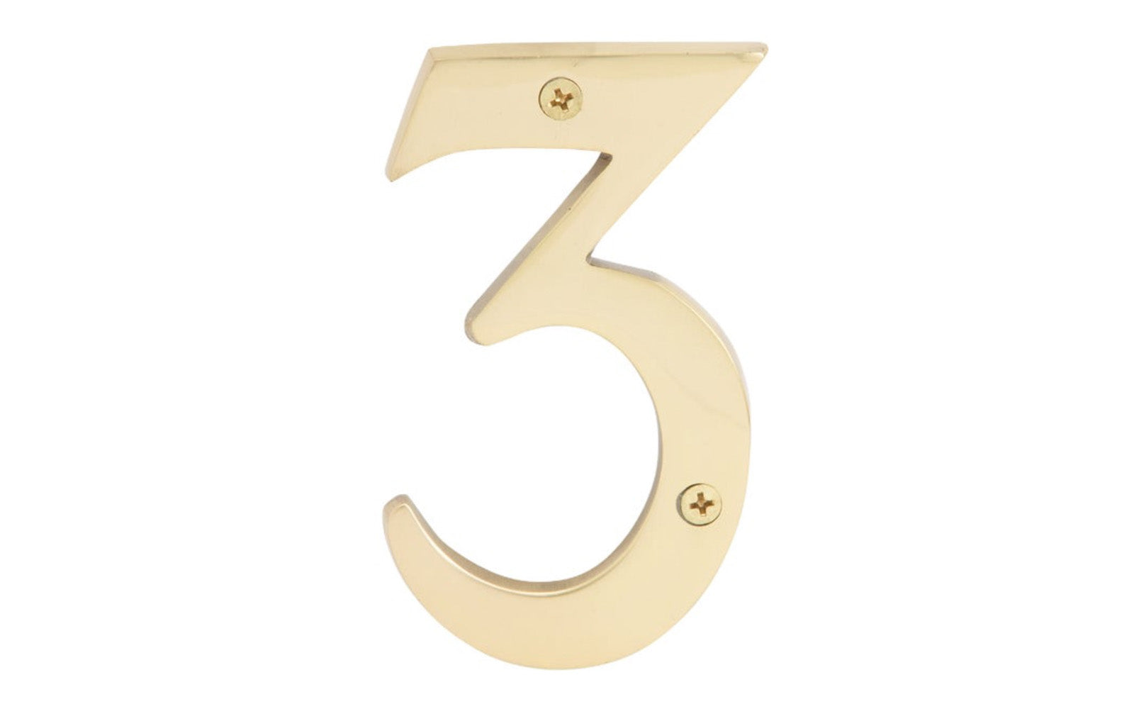 Number Three Solid Brass House Number in a 4" Size. Made of solid brass material - 1/4" thickness. Lacquered brass finish. Includes two flat head phillips screws. #3 House Number. Hy-Ko Model No. BR-90/3. 029069104931