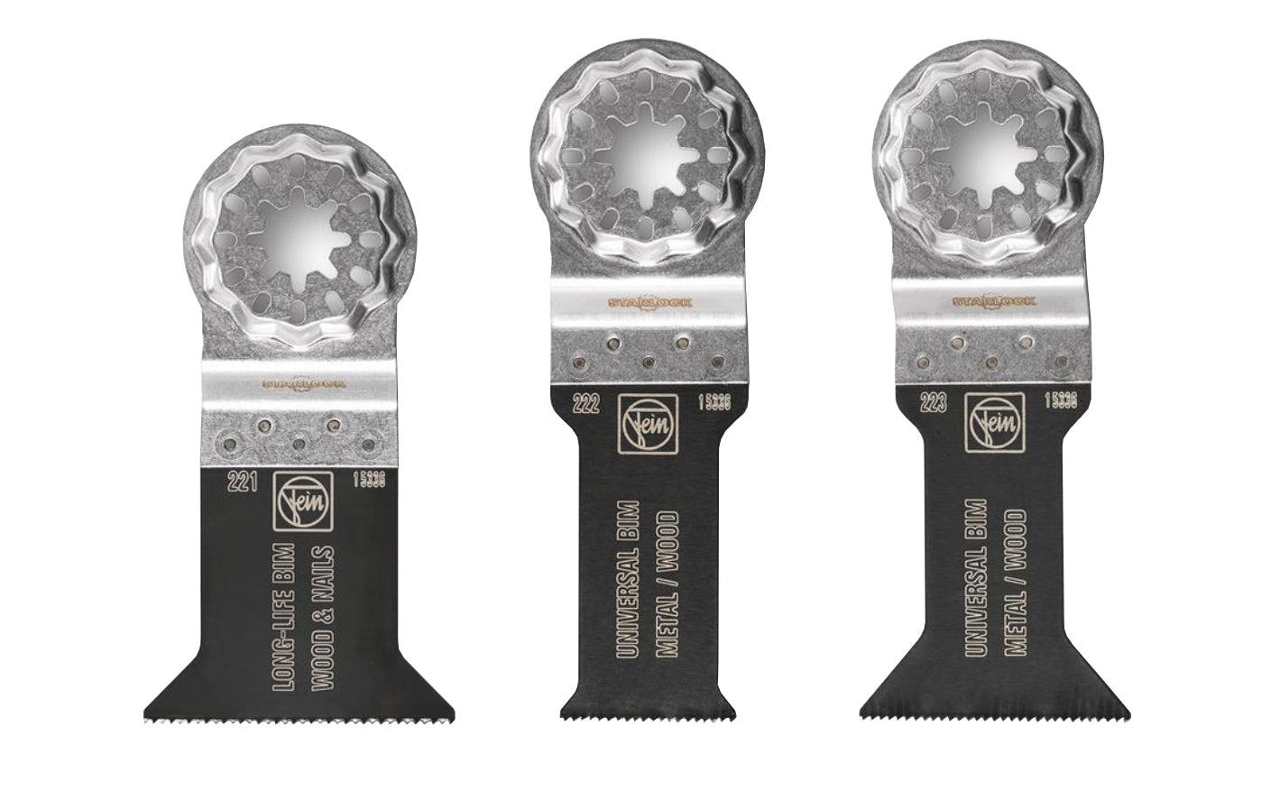 Fein Tools Selection of the 3 most popular Fein E-Cut saw blades for universal use. Bimetal with teeth set for all woods, metal, drywall & plastic materials. Includes: 1-1/8" (28 mm) blade, 1-3/4" (44 mm) blade, 2" (50 mm) blade. Starlock mounting system. Made in Germany. Model 35222952140. 4014586400396. 3 piece set
