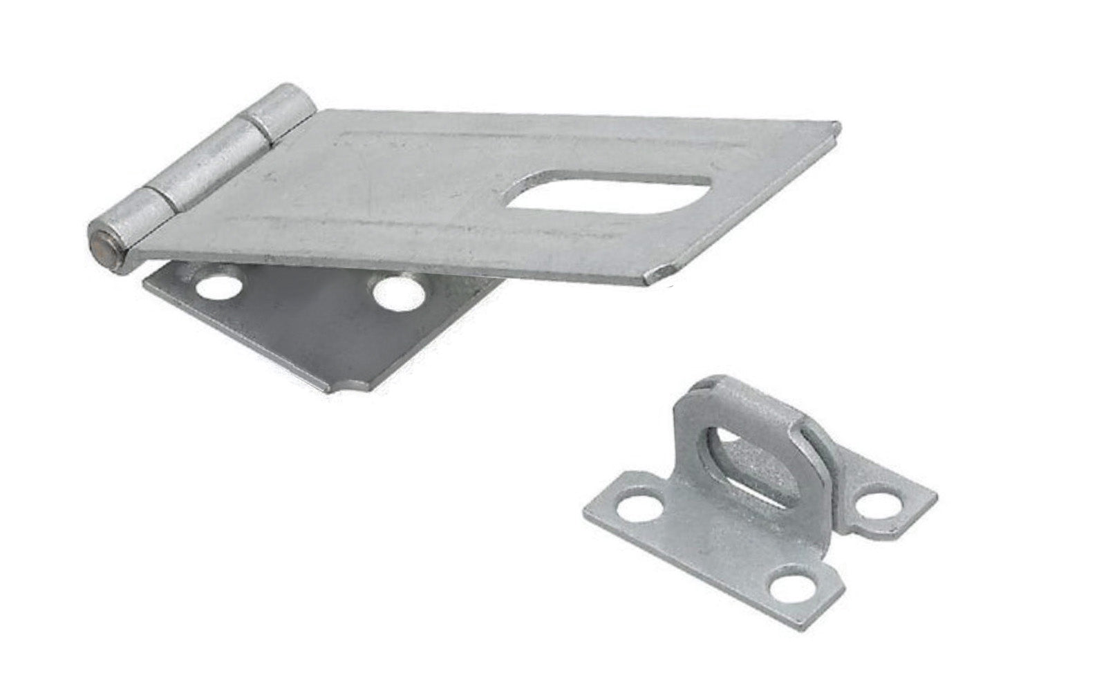 4-1/2" galvanized coated steel safety hasp is designed to secure a wide variety of cabinets, small doors, boxes, trunks. Includes a rigid, non-swivel staple. For security, all screws are concealed when hasp is closed. Manufactured from hot rolled steel for durability.  National Hardware Model N102-764. 038613102767. 