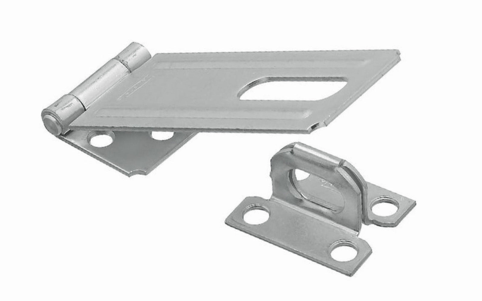 4-1/2" zinc-plated safety hasp is designed to secure a wide variety of cabinets, small doors, boxes, trunks, & more. For security, all screws are concealed when hasp is closed. Includes rigid, non-swivel staple. National Hardware Model N102-384. 038613102385. Plated to withstand weather conditions & prevent corrosion.
