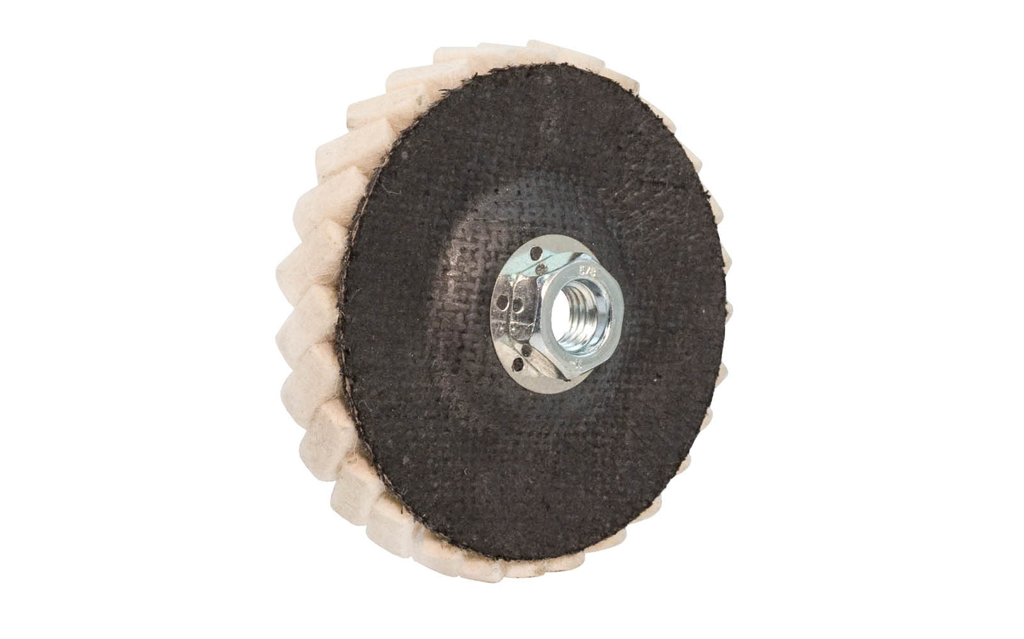USA-made 4-1/2" buffing felt flap disc by Dico Polishing. This felt flap polishing disc is designed for final polishing of metals. Good for stainless steel, non-ferrous metals, aluminum, & stone, etc. Medium density felt with 5/8-11 Female Thread. Reinforced fiberglass backer pad.  Made in the USA. 082123735021