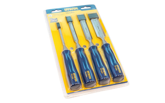 Irwin Marples 4-Piece Wood Chisel Set. These chisel blades are made of steel & are tapered for balance, & have a bevel edge. 4 PC Set: 1/4" - 1/2" - 3/4" - 1" wide blades. Model M444S4N. 024721096647