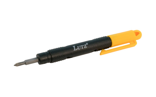 Lutz 4-in-1 Pocket Mini Screwdriver. Includes #0 & #000 phillips bits & 1/16" & 3/32" slotted bits. Pen size screwdriver. Tough hard plastic body. Pocket clip attached. 052427240088