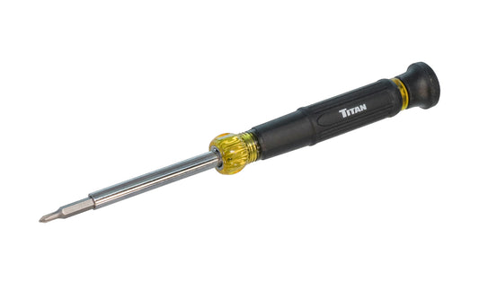 4-in-1 precision screwdriver bit made by Titan Tools. Includes two double sided bits:  #00 Phillips & 3/32" Slotted Bit,  #0 Phillips & 1/8" Slotted Bit. 6-3/8" overall length. Rotating cap for optimum precise & efficient control. 6-3/8" overall length. Model No. 16095. 802090160950