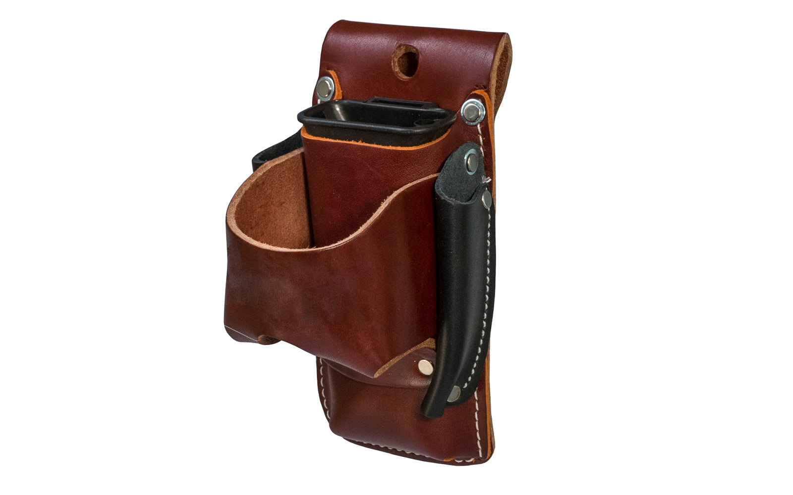 Made in USA - Occidental Leather 4-in-1 holder provides 4x the tool capacity in the space of one holder. Holders for tape, lumber crayon or screw driver, pencil - Riveted - Hammer Holster - Hand Made - 759244305807 - 4-in-1 Tool Holder Holster - Model 5522 - Fits up to a 3" work belt - Made of sturdy genuine leather