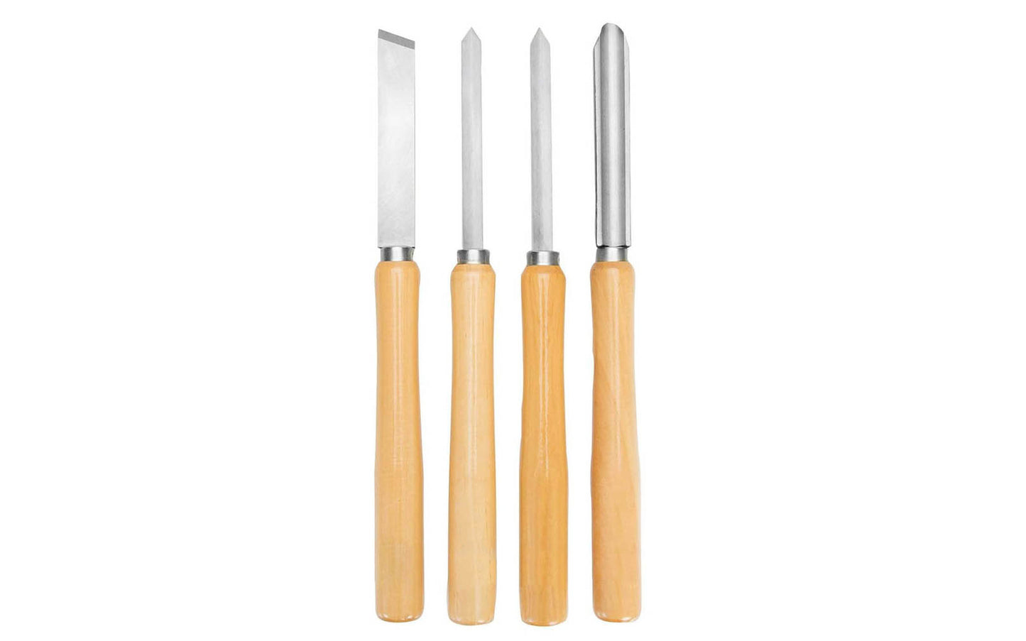 4-piece Wood Turning Tool Set made by Great Neck. Blades are made of high carbon alloy tool steel. Ground, sharpened, hardened & tempered. Includes: 1" Skew,  1/2" Parting Tool,  1/2" Spear,  1" Gouge. The wooden handles are kiln-dried hardwood handles. Great Neck Mayes Model No. 404