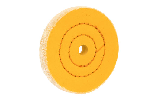 Yellow mill treated buffs perform more aggressively than regular cotton cloth. Use on all metals with the appropriate compound where a faster cut is needed. Made of fine cotton sheeting held together with two circles of lockstitch sewing. Made in USA. 1/2" wide thickness. 4" Diameter Wheel. 1/2" arbor hole