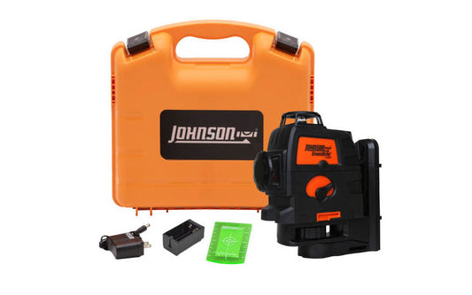 Johnson Model No. 40-6674 · Projects three self-leveling 360° planes of laser light for total jobsite coverage ~ GreenBrite Technology - 400% more visible than red lasers. Manual mode allows unit to tilt at extreme angles. Multi-functional magnetic base provides strong hold that will not slide. With battery pack.  049448066742