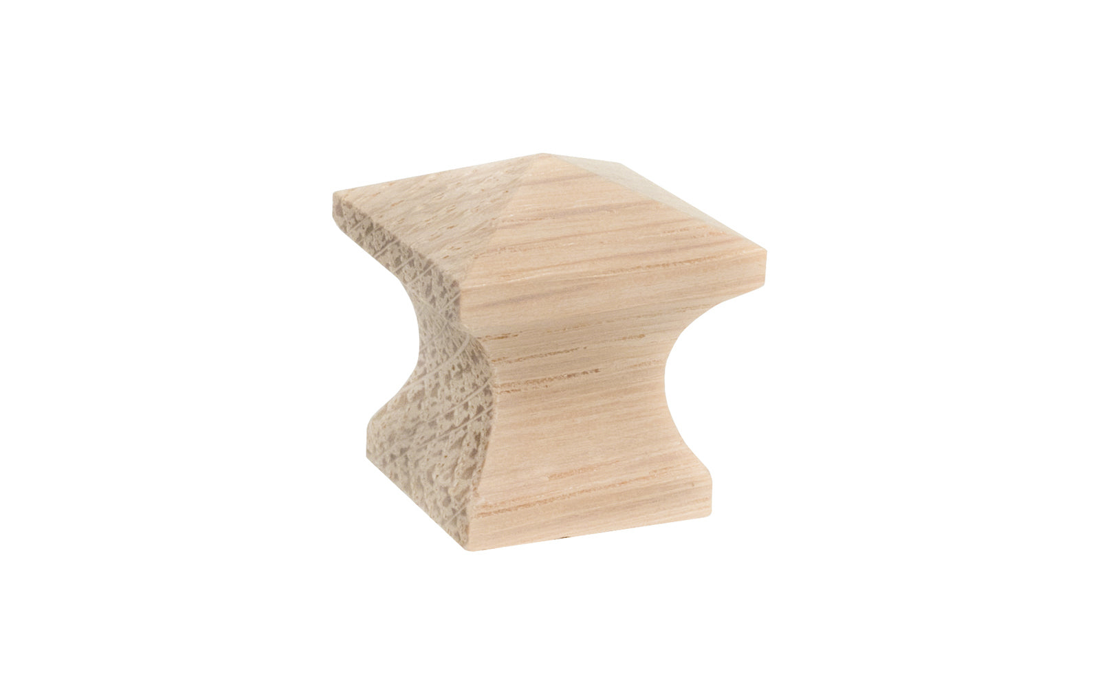 A classic wood pyramid cabinet knob of solid oak material. This good-looking wooden knob has a slight pyramid design & square edges. Designed in the Mission-style / Arts & Crafts, Craftsman style of hardware. Unfinished solid oak wood. May be stained, painted, or varnished. 3/4