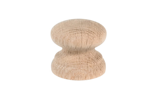 A classic and traditional oak wood round cabinet knob with a large pedestal shaped base. Made of unfinished oak wood. These knobs may be stained, painted, or varnished if desired. Oak Wood Cabinet Knob with Large Base. 1-3/8" diameter knob.