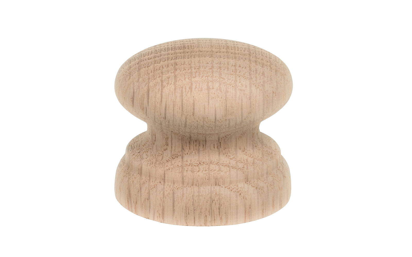 A classic and traditional oak wood round cabinet knob with a large pedestal shaped base. Made of unfinished oak wood. These knobs may be stained, painted, or varnished if desired. Oak Wood Cabinet Knob with Large Base. 2" diameter knob.