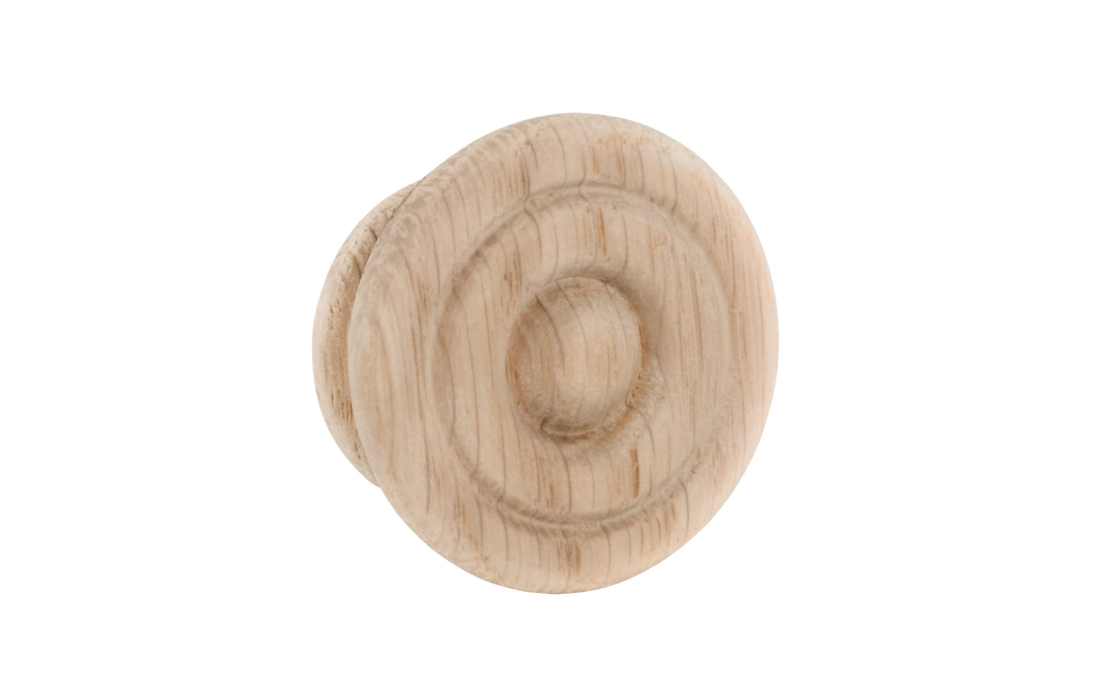 A classic oak wood round cabinet knob with a smooth ring circle design. They may be stained, painted, or varnished if desired. Late 19th Century style of hardware. Great for a wide variety of uses including drawers, kitchen cabinets, smaller doors, furniture, cabinet doors. 1-1/2" diameter knob.