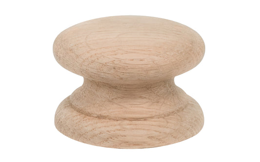 A large & classic oak wood round cabinet knob with a large pedestal shaped base. Made of unfinished oak wood. These knobs may be stained, painted, or varnished if desired. Large Oak Wood Cabinet Knob with Large Base. 2-1/2" diameter knob.
