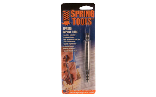 Noxon Spring Impact Tool 2/32" Nail Starter. Firmly hold tool tip on surface by gripping sure grip rings with index finger and thumb. With other hand, rapidly pull opposite grip 1" to 3" straight back and release, like snapping a rubber band.  Made in USA.
