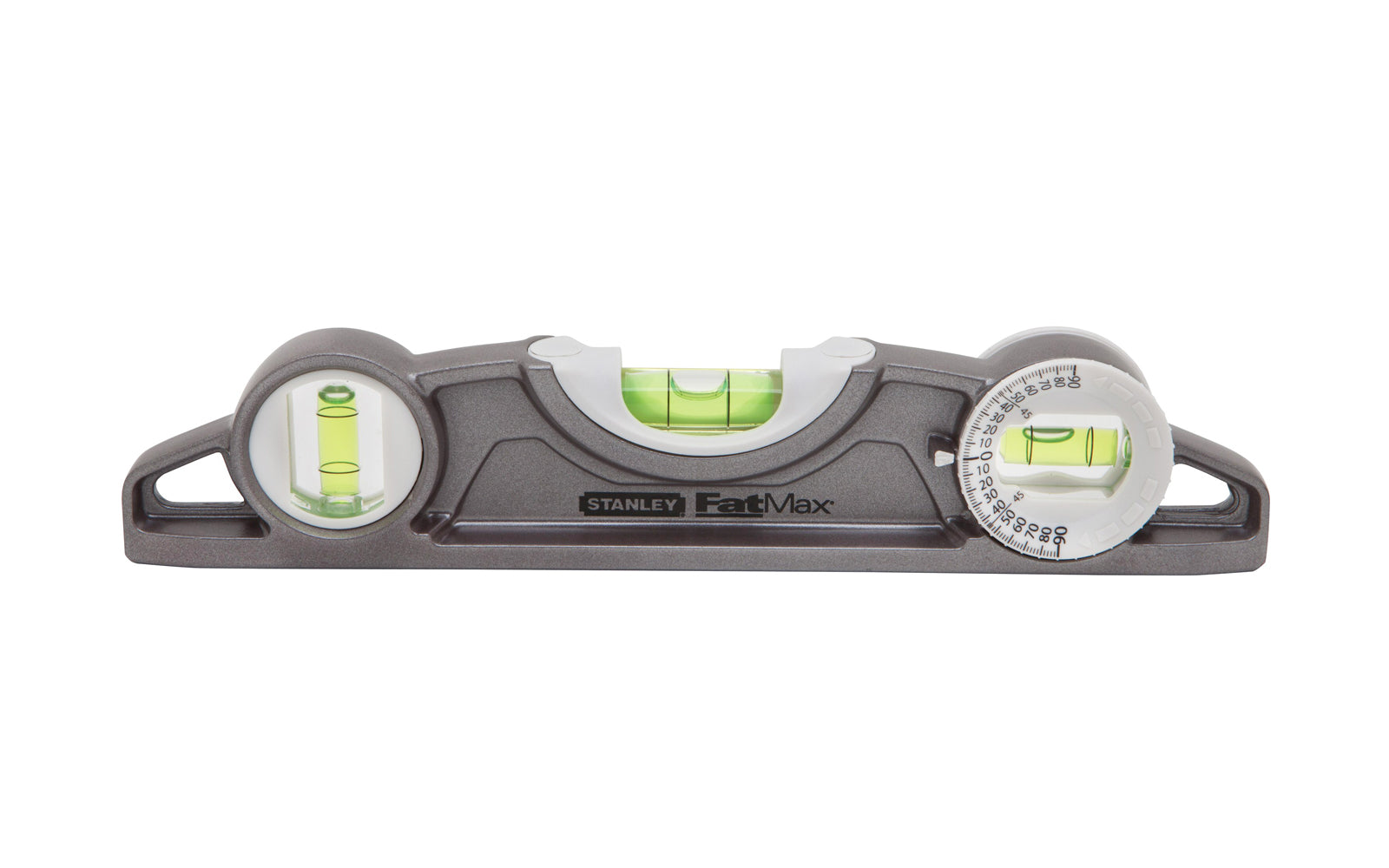 Stanley 9" Fatmax Magnetic Torpedo Level features a die-cast aluminum body for long lasting durability. Solid block vial provides accuracy of 0.0005in/in. (0.5mm/m), & a 180-degree rotating vial is designed to duplicate angles. Stanley Tools - Model No. 43-609. Pipe groove for use on rounded surfaces. 076174436099