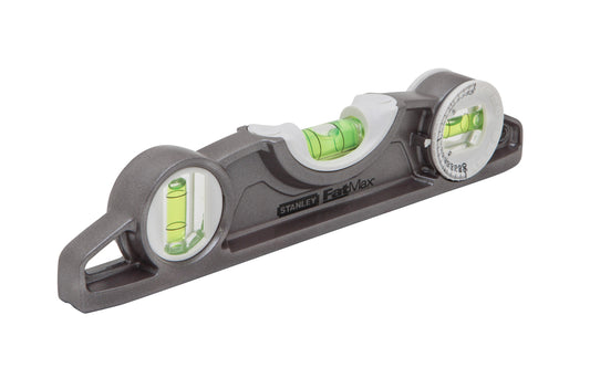 Stanley 9" Fatmax Magnetic Torpedo Level features a die-cast aluminum body for long lasting durability. Solid block vial provides accuracy of 0.0005in/in. (0.5mm/m), & a 180-degree rotating vial is designed to duplicate angles. Stanley Tools - Model No. 43-609. Pipe groove for use on rounded surfaces. 076174436099