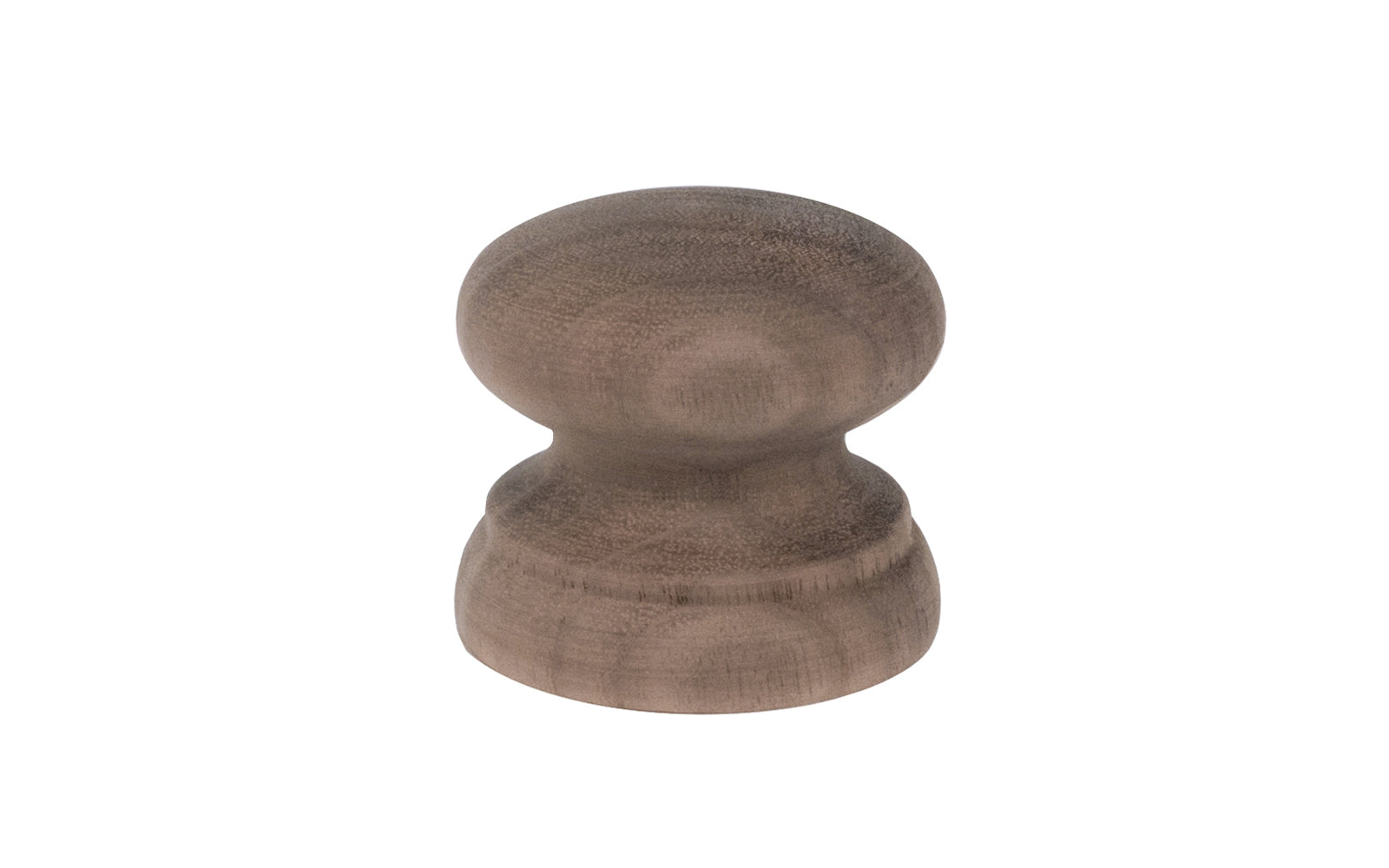 A classic walnut wood round cabinet knob with a large pedestal shaped base. Made of unfinished walnut wood. These knobs may be stained, painted, or varnished if desired. 1-3/8" Diameter Knob.