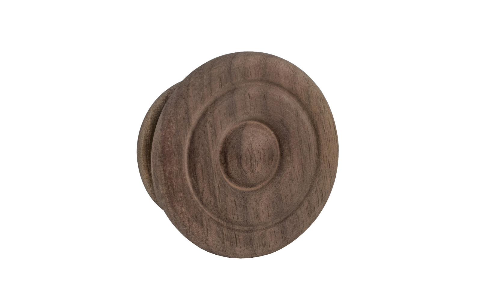 A classic walnut wood round cabinet knob with a smooth ring circle design. They may be stained, painted, or varnished if desired. Late 19th Century style of hardware. Great for a wide variety of uses including drawers, kitchen cabinets, smaller doors, furniture, cabinet doors. 1-1/2" Diameter Knob.