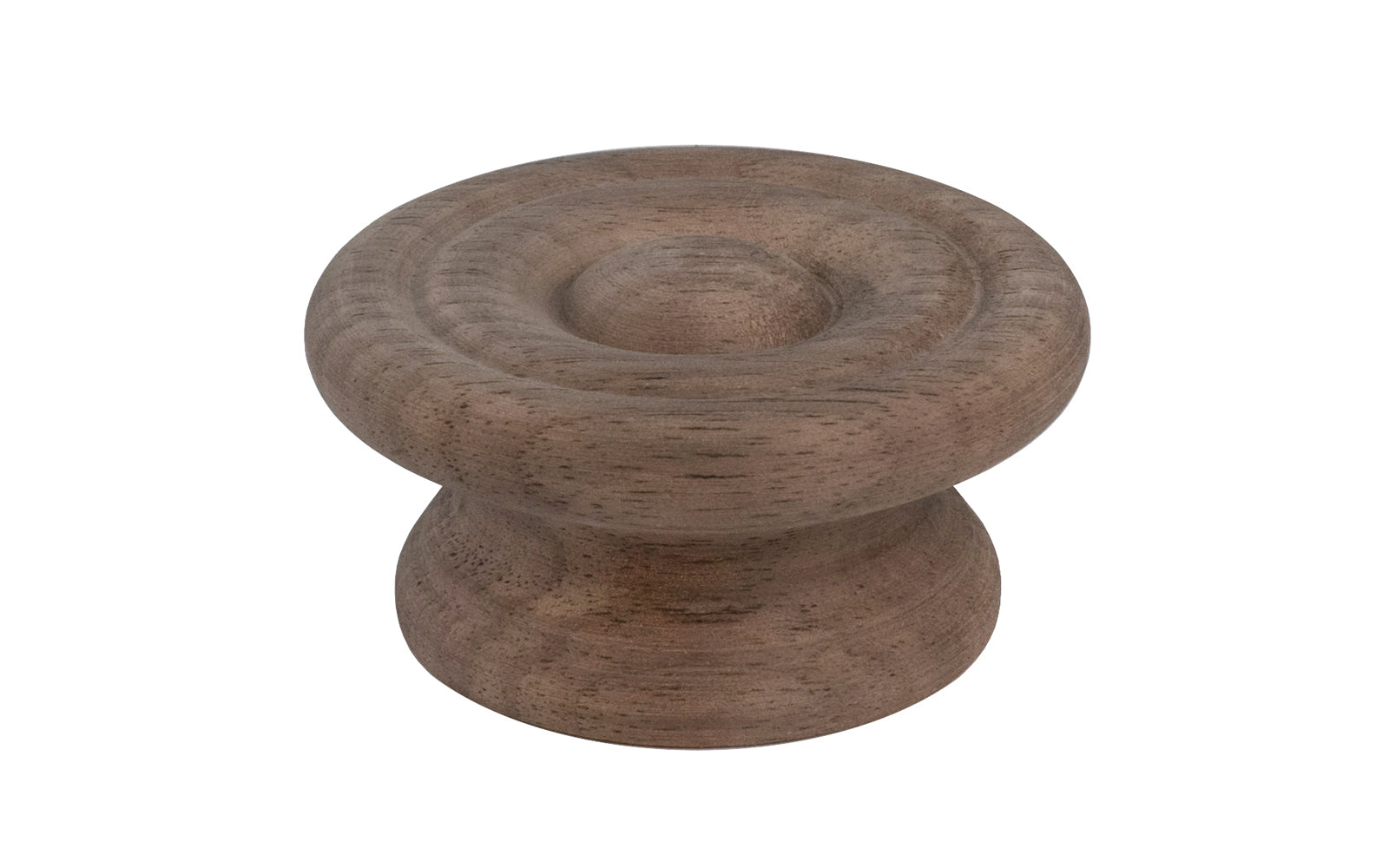 A classic walnut wood round cabinet knob with a smooth ring circle design. They may be stained, painted, or varnished if desired. Late 19th Century style of hardware. Great for a wide variety of uses including drawers, kitchen cabinets, smaller doors, furniture, cabinet doors. 2" Diameter Knob.