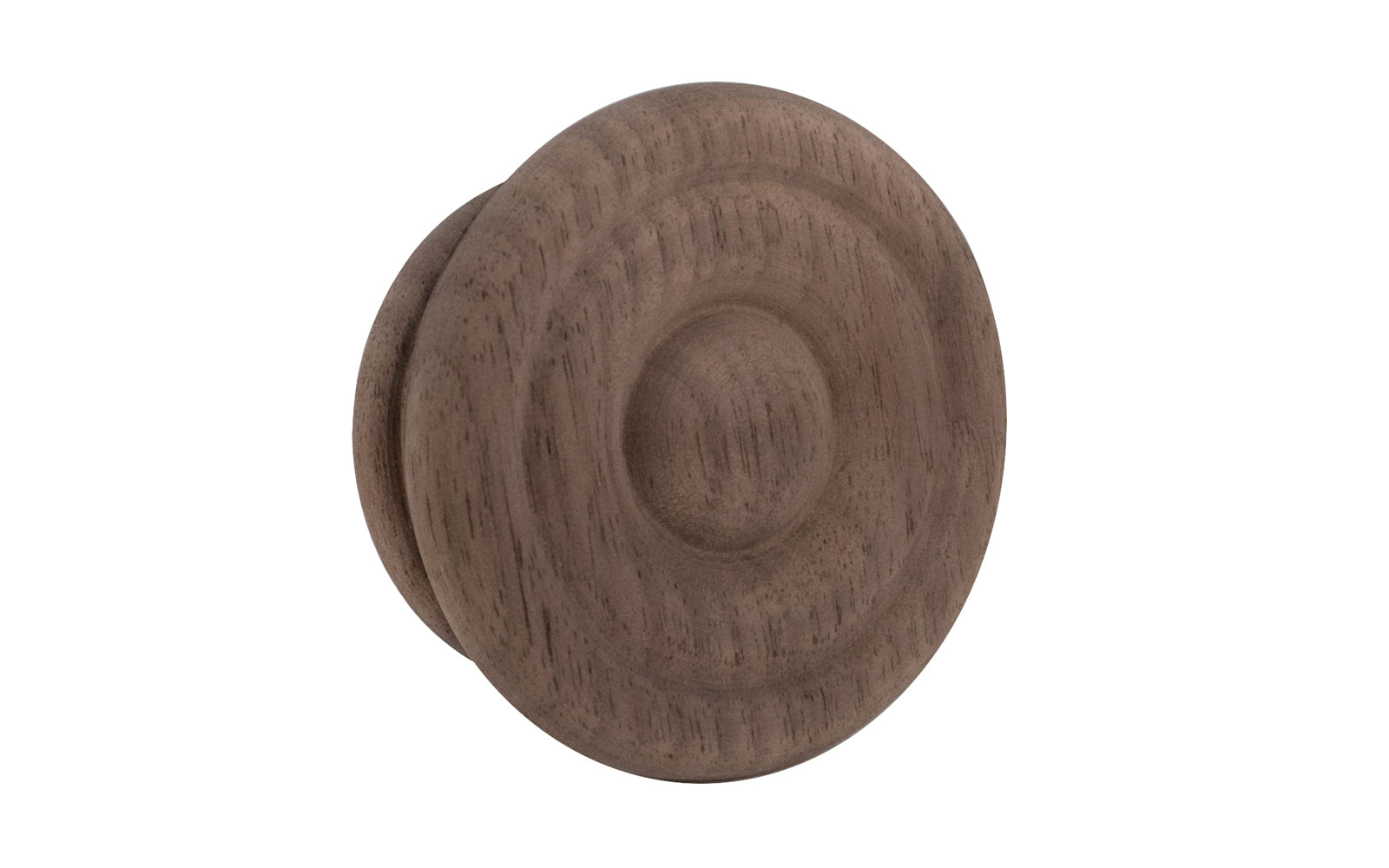 A classic walnut wood round cabinet knob with a smooth ring circle design. They may be stained, painted, or varnished if desired. Late 19th Century style of hardware. Great for a wide variety of uses including drawers, kitchen cabinets, smaller doors, furniture, cabinet doors. 2" Diameter Knob.