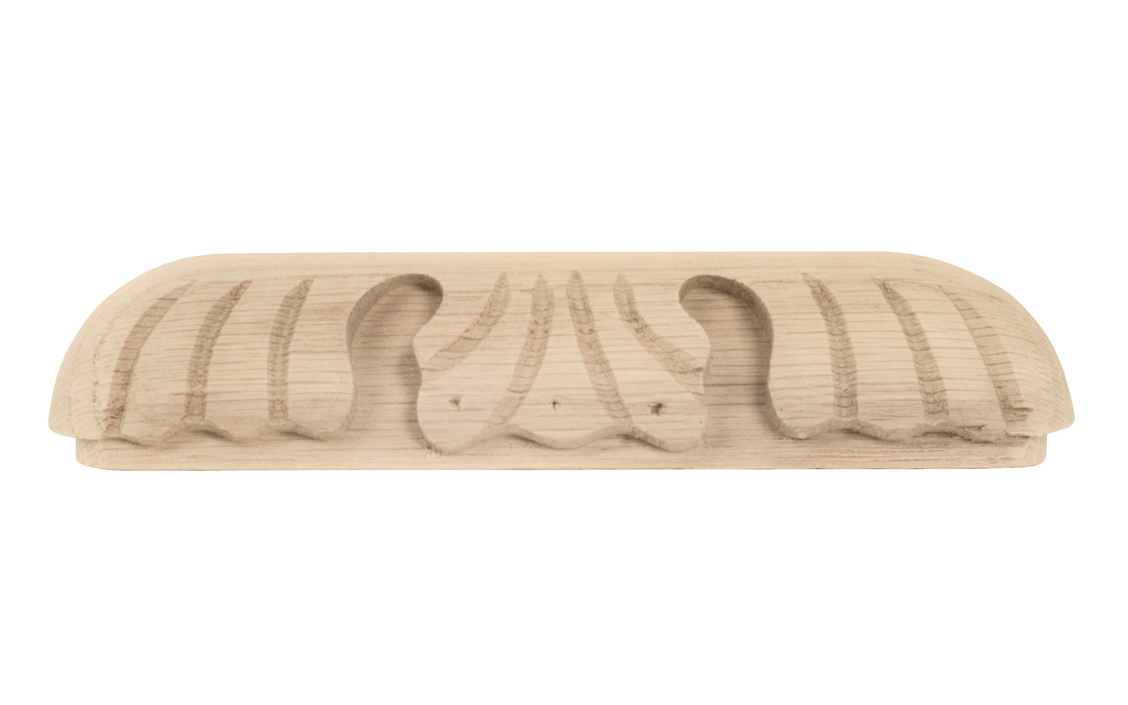 A traditional & intricate design carved oak wood handle pull with 5-1/2" on centers. Made of unfinished solid oak wood, this handle has a smooth feel & nice-looking grain to it. It may even be stained, painted, or varnished if desired. 5-1/2" spacing of screw holes. Solid oak pull.