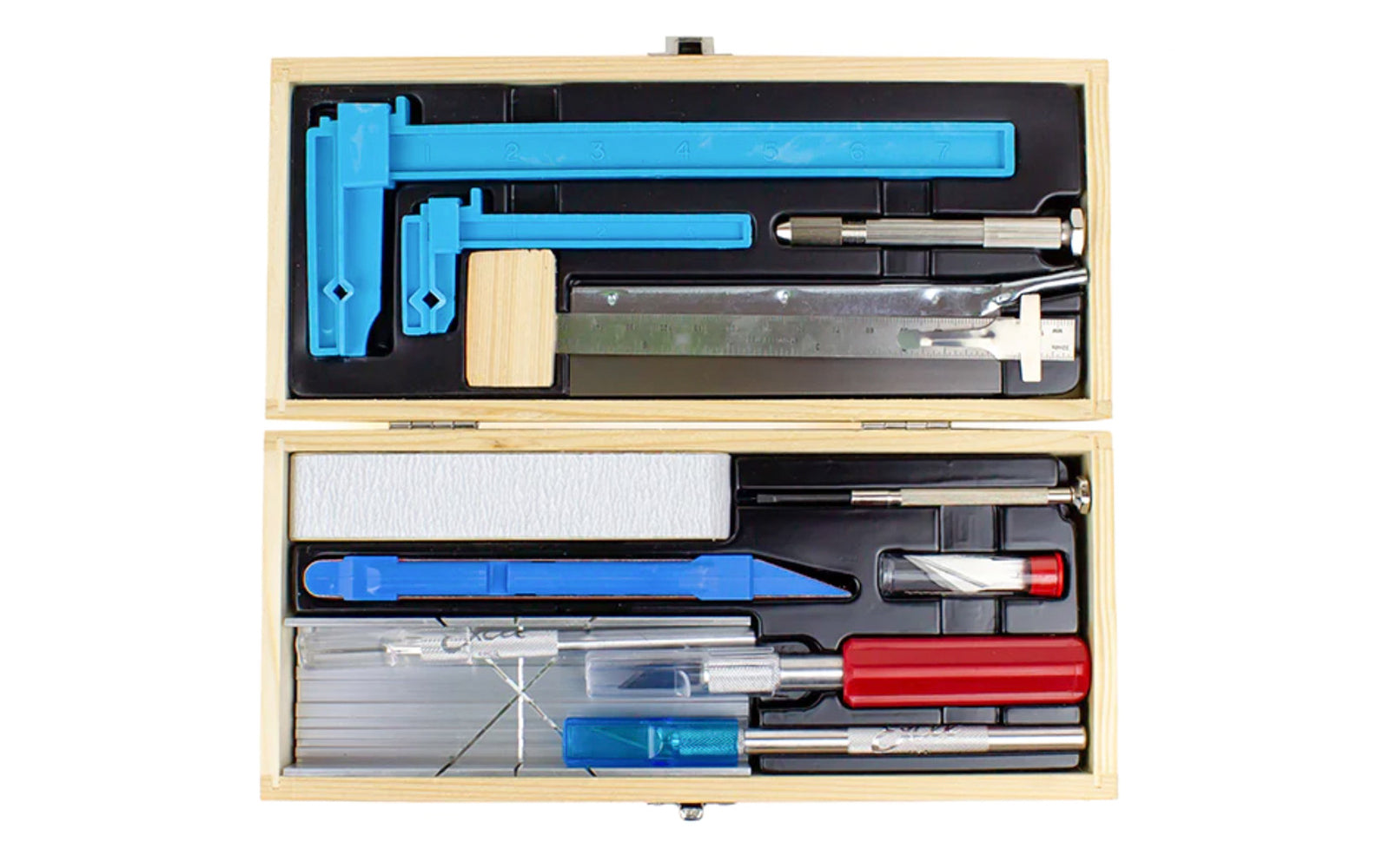 Deluxe Hobby Tool Set by Excel Blades. Includes knife handles that house a 4 jaw aluminum chuck for more secure blade positioning. Includes wooden case with a clasp lock that protects your tools. Excel Model 44288. Made in USA.