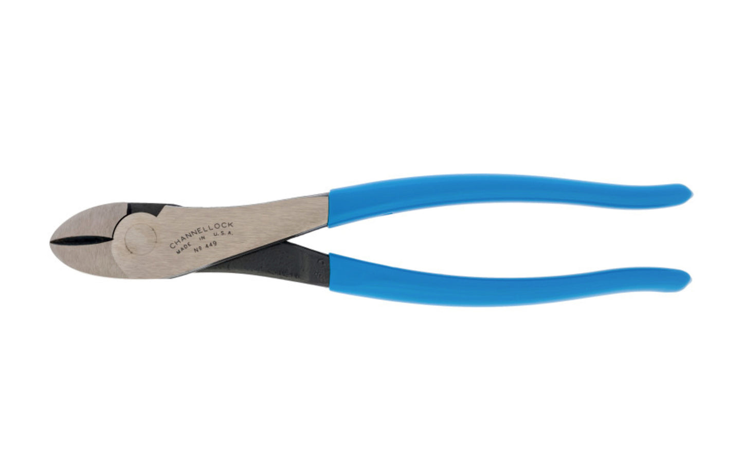 Channellock High Leverage 9-1/2" Curved Diagonal Cutting Pliers. Model No. 449. Quality high carbon alloy U.S. steel for superior performance. Laser heat-treated cutting edges last longer. Cuts piano, hard, medium hard, & soft wire. Vinyl blue comfort grips. 025582825018. Made in USA. 