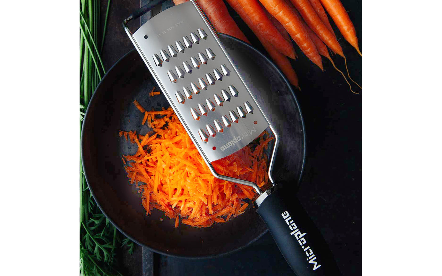 Made in USA - Blade made in USA - For cutting zucchini, carrots, cucumber, radishes, beets, & other vegetables into thin matchsticks - Non-slip grip - Dishwasher safe - Sharp blade made from stainless steel - 18/8 grade - Ergonomic handle ~ No-slip base - Microplane Gourmet Series - Gourmet Julienne Grater - 45003