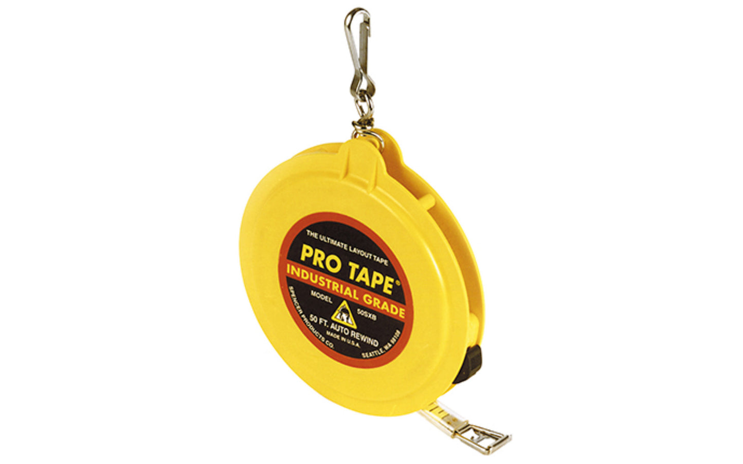 3/8" x 50' Spencer Pro-Tape Auto-Rewind Tape Measure - 50SXB. The case is made of tough ABS plastic. 1/8" graduations. Spencer ProTapes are designed with an alloy steel main shaft, & active bumper to cushion blade tip on rewind. Other features include a locking brake, folding engineers hook, & a belt clip. Made in USA.