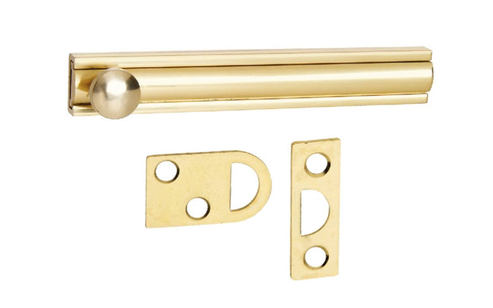 These solid brass surface bolts will work for casement windows & French, twin, or Dutch doors. Extra long throw with bolt held in position by tension spring. Will not mar wood surface. Includes concealed base. Includes universal & mortise strikes, & fasteners. 4" long length bolt.