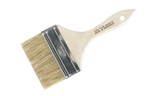This 4" Bristle Chip Brush is made with white natural bristles for use with oil-based paints, stains, & finishes. Also excellent for use as parts cleaning brushes or to apply adhesives. Sanded wood handle & tin-plated ferrule. 4" wide chip brush. 100% pure bristle. 009326786032